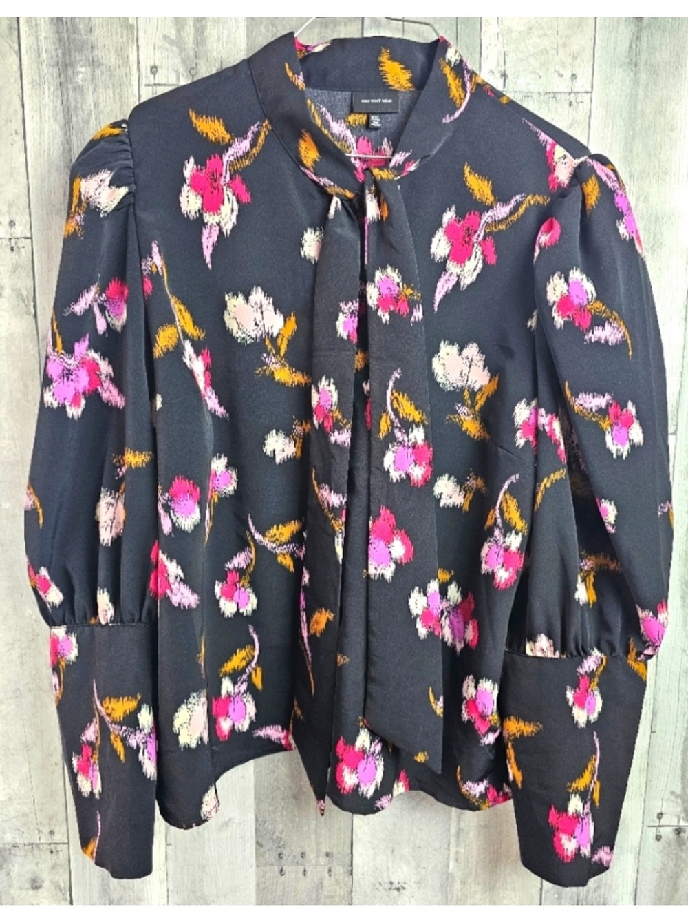 Who What Wear Black Floral Tie-Neck Blouse with Pink & Yellow Accents